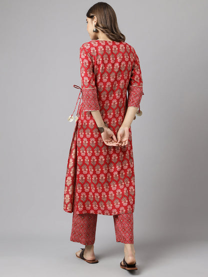 Women's Red Cotton A-Line Kurta Pant