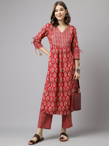 Women's Red Cotton A-Line Kurta Pant