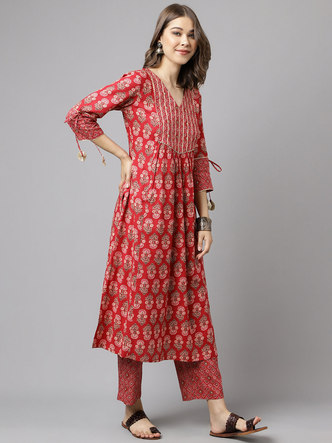 Women's Red Cotton A-Line Kurta Pant