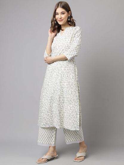 Women's Off White Cotton A-line Kurta with Palazzo