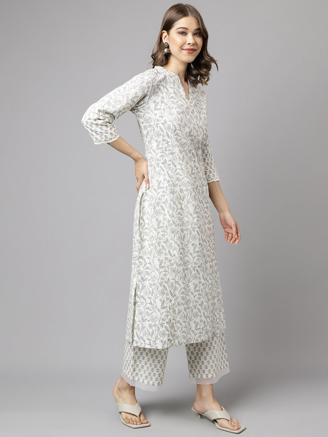 Women's Off White Cotton A-line Kurta with Palazzo