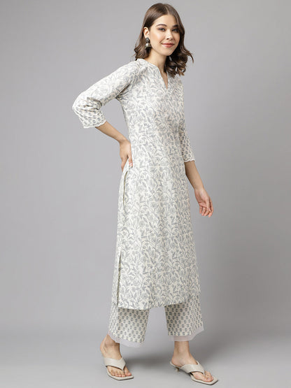 Women's Off White Cotton A-line Kurta with Palazzo