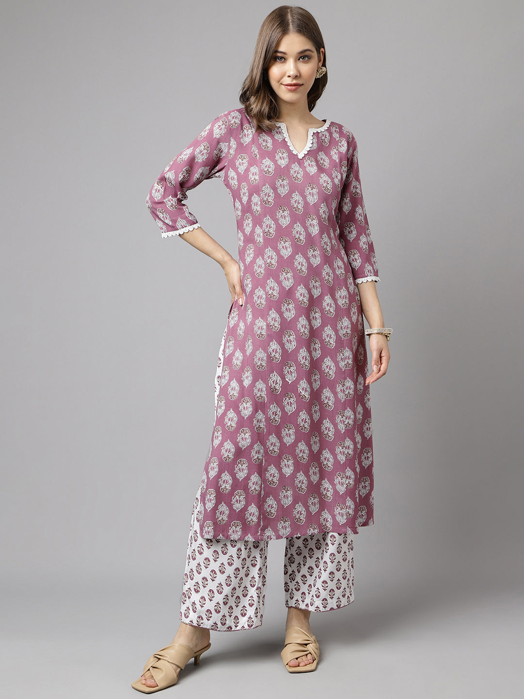 Women's Light Purple Cotton A-line Kurta with Pant