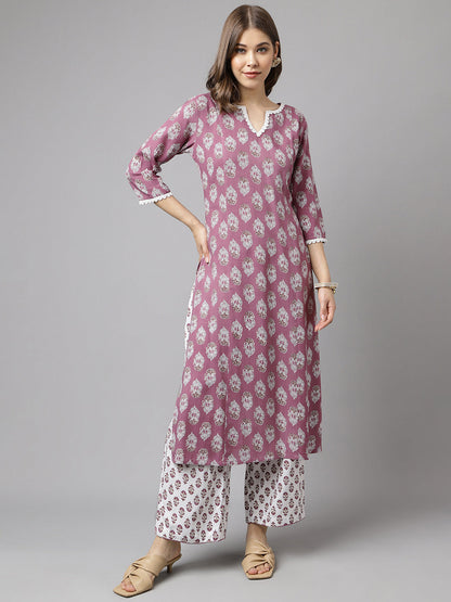 Women's Light Purple Cotton A-line Kurta with Pant