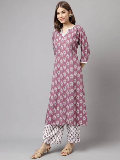 Women's Light Purple Cotton A-line Kurta with Pant