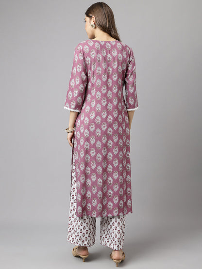 Women's Light Purple Cotton A-line Kurta with Pant