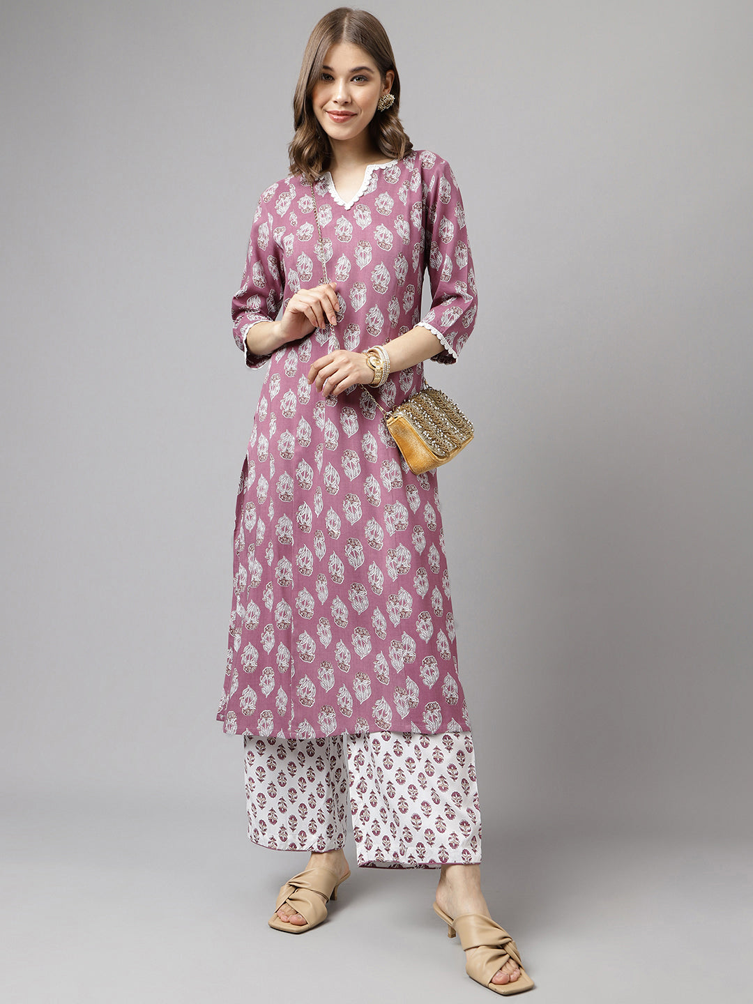 Women's Light Purple Cotton A-line Kurta with Pant