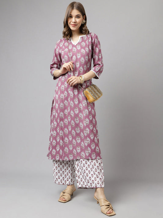 Women's Light Purple Cotton A-line Kurta with Pant
