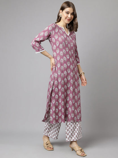 Women's Light Purple Cotton A-line Kurta with Pant