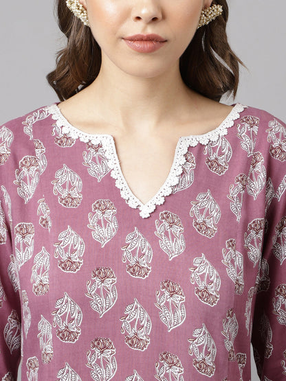 Women's Light Purple Cotton A-line Kurta with Pant