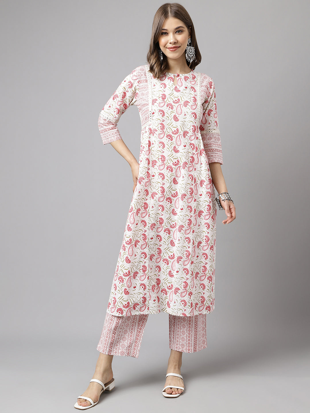 Women's White Cotton A-line Kurta with Palazzo