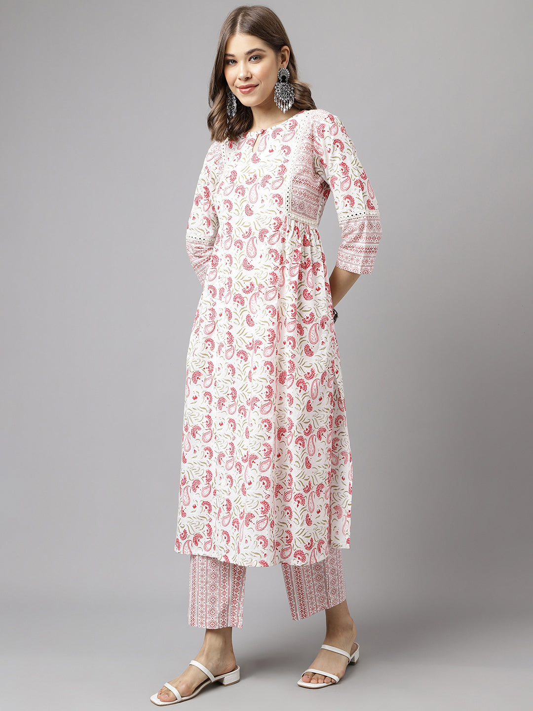 Women's White Cotton A-line Kurta with Palazzo