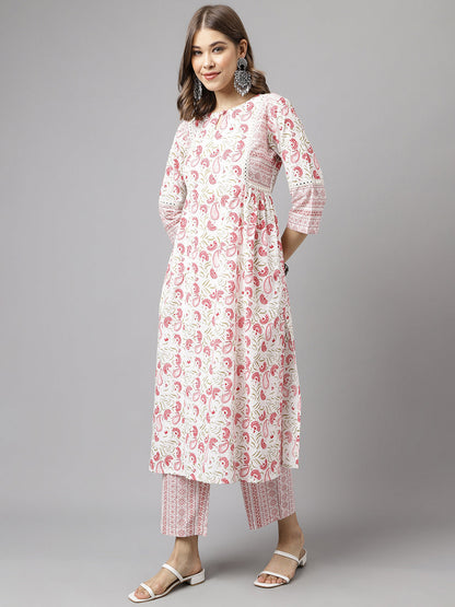 Women's White Cotton A-line Kurta with Palazzo