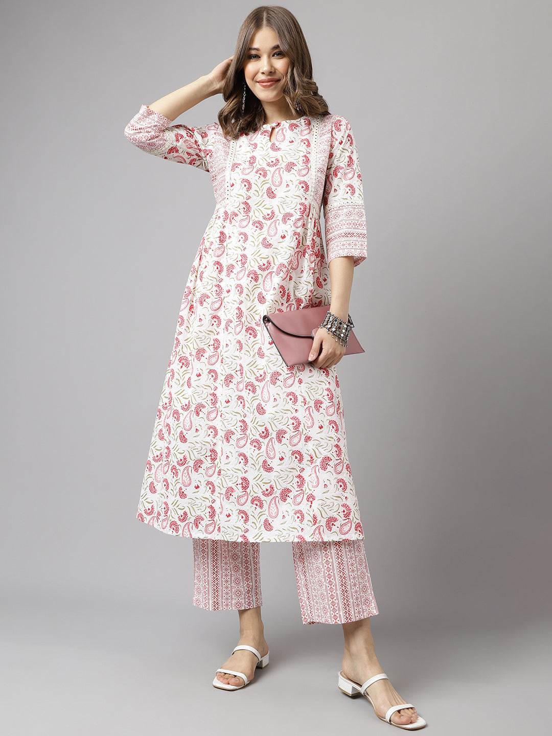 Women's White Cotton A-line Kurta with Palazzo