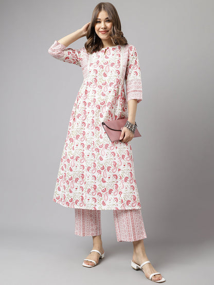 Women's White Cotton A-line Kurta with Palazzo