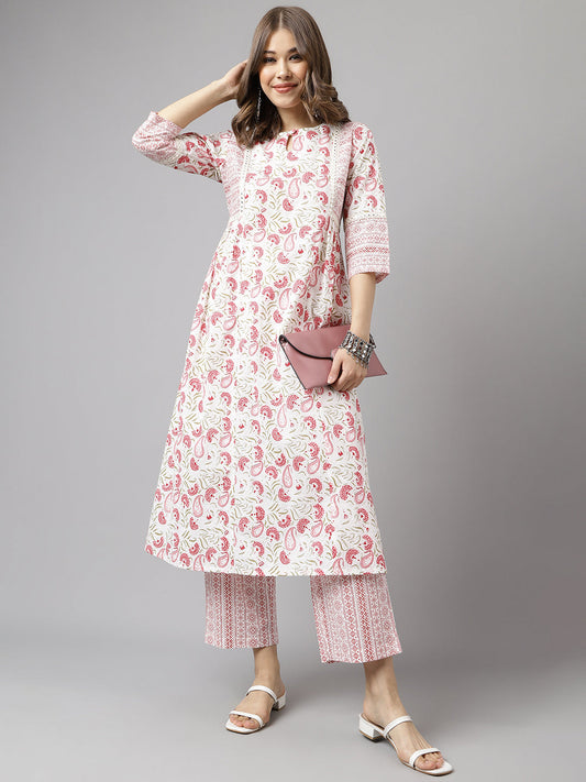 Women's White Cotton A-line Kurta with Palazzo