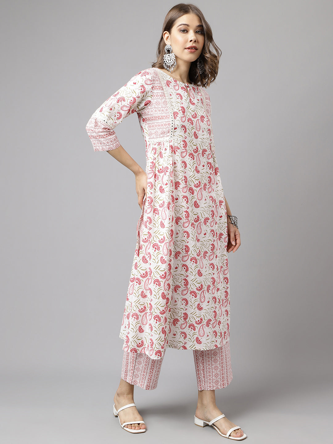 Women's White Cotton A-line Kurta with Palazzo