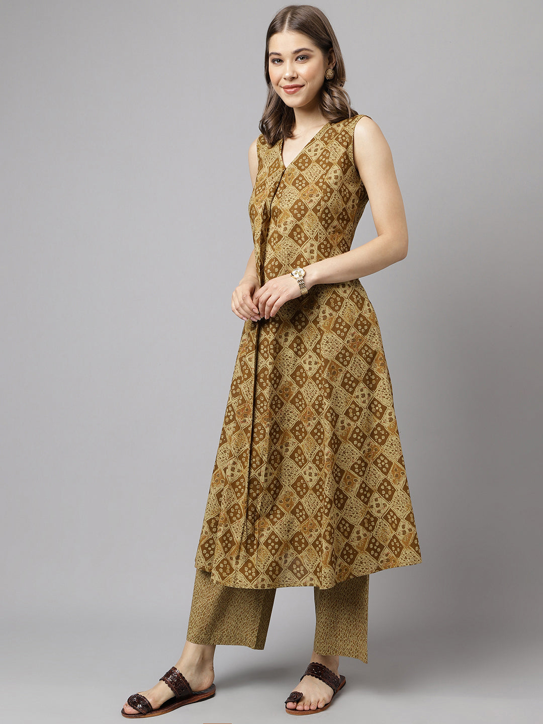 Women's Brown Cotton A-Line Kurta with Palazzo