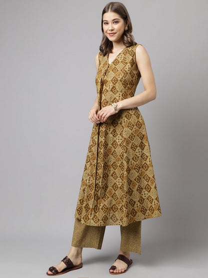 Women's Brown Cotton A-Line Kurta with Palazzo
