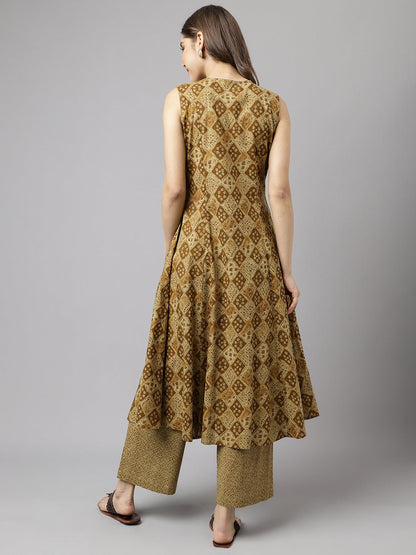Women's Brown Cotton A-Line Kurta with Palazzo