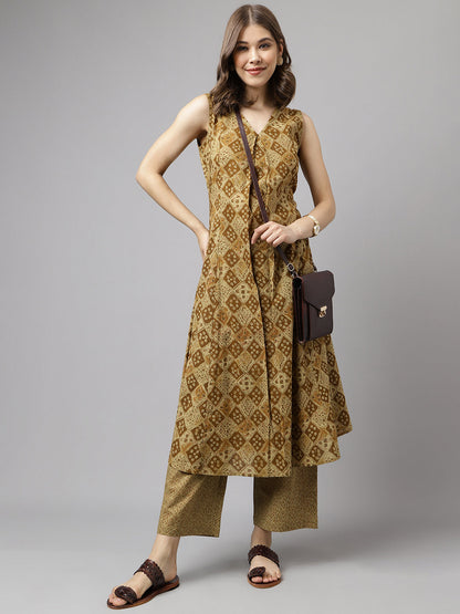 Women's Brown Cotton A-Line Kurta with Palazzo