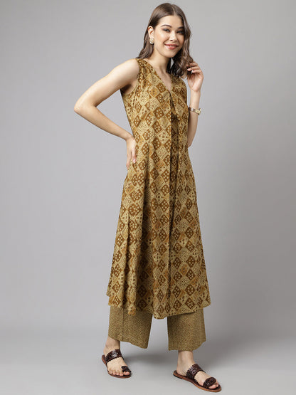 Women's Brown Cotton A-Line Kurta with Palazzo