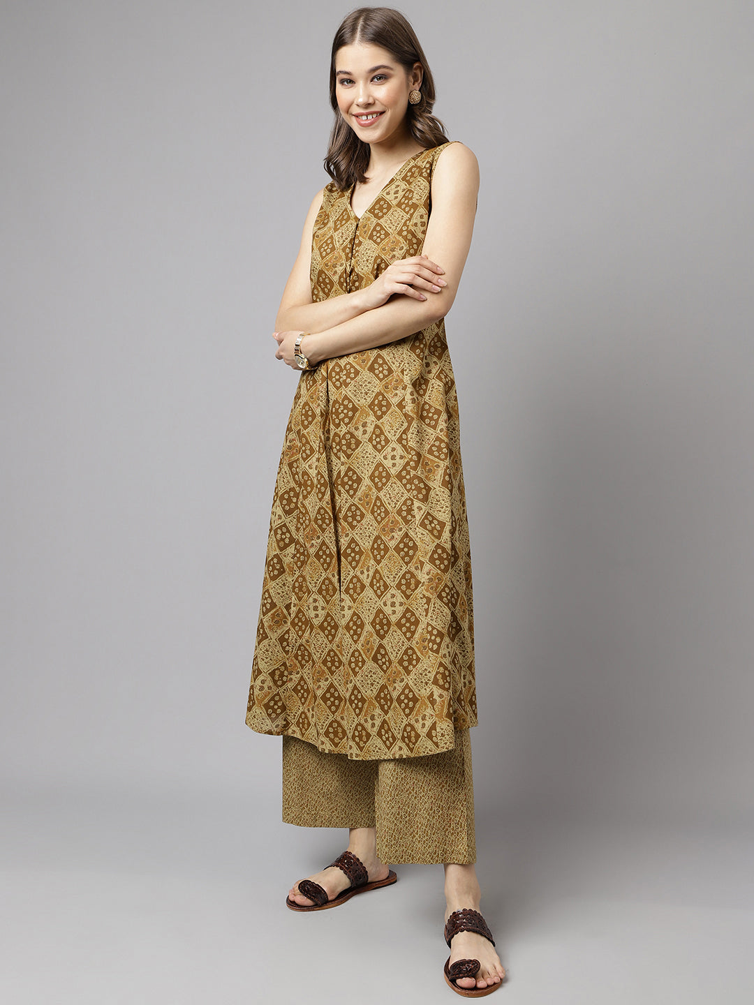 Women's Brown Cotton A-Line Kurta with Palazzo
