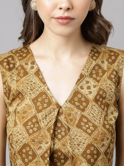 Women's Brown Cotton A-Line Kurta with Palazzo