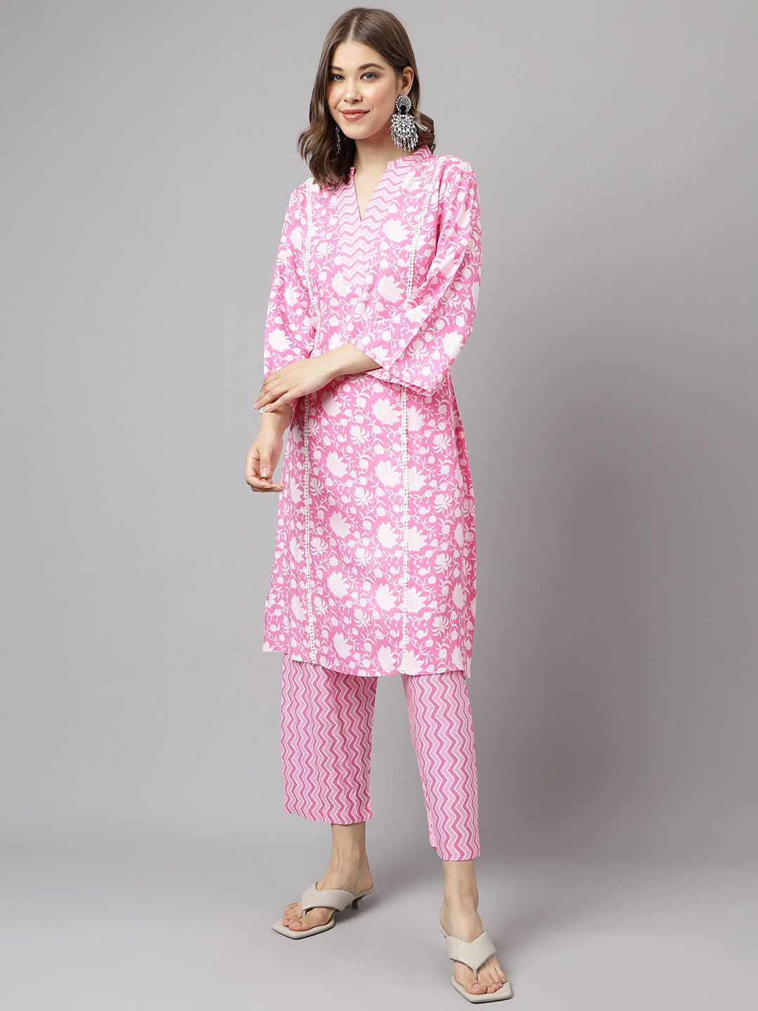 Women's Pink Pure Cotton A-line Kurta with Pant