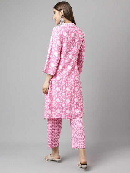 Women's Pink Pure Cotton A-line Kurta with Pant