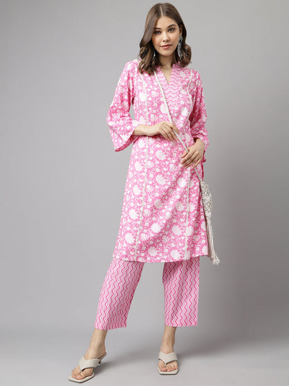 Women's Pink Pure Cotton A-line Kurta with Pant
