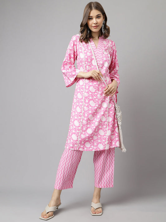 Women's Pink Pure Cotton A-line Kurta with Pant
