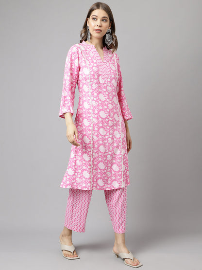 Women's Pink Pure Cotton A-line Kurta with Pant