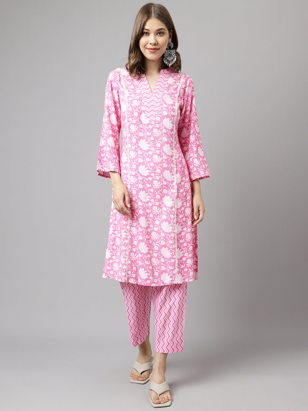 Women's Pink Pure Cotton A-line Kurta with Pant