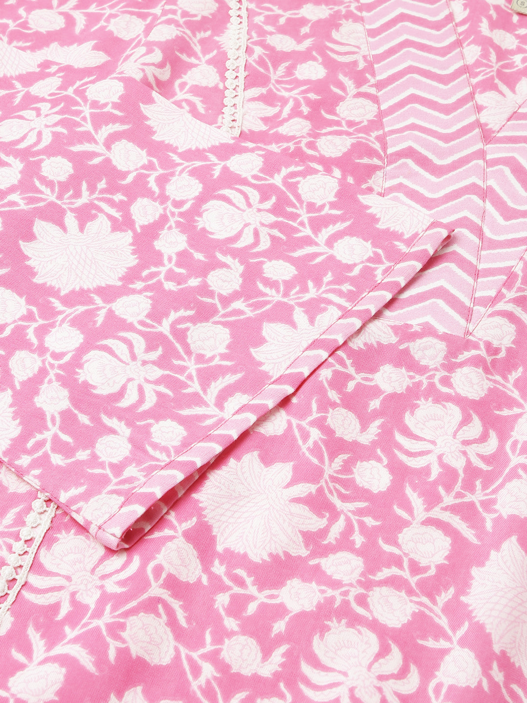 Women's Pink Pure Cotton A-line Kurta with Pant