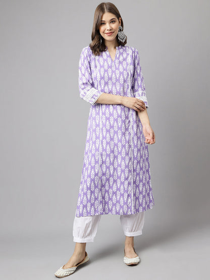 Women's Light Purple Cotton A-Line Kurta with Pant