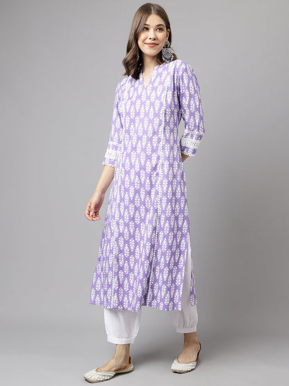 Women's Light Purple Cotton A-Line Kurta with Pant