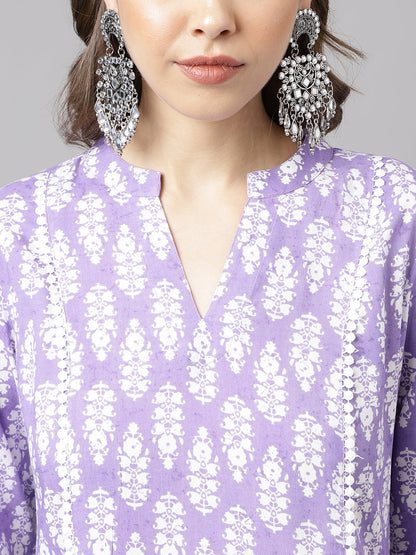Women's Light Purple Cotton A-Line Kurta with Pant