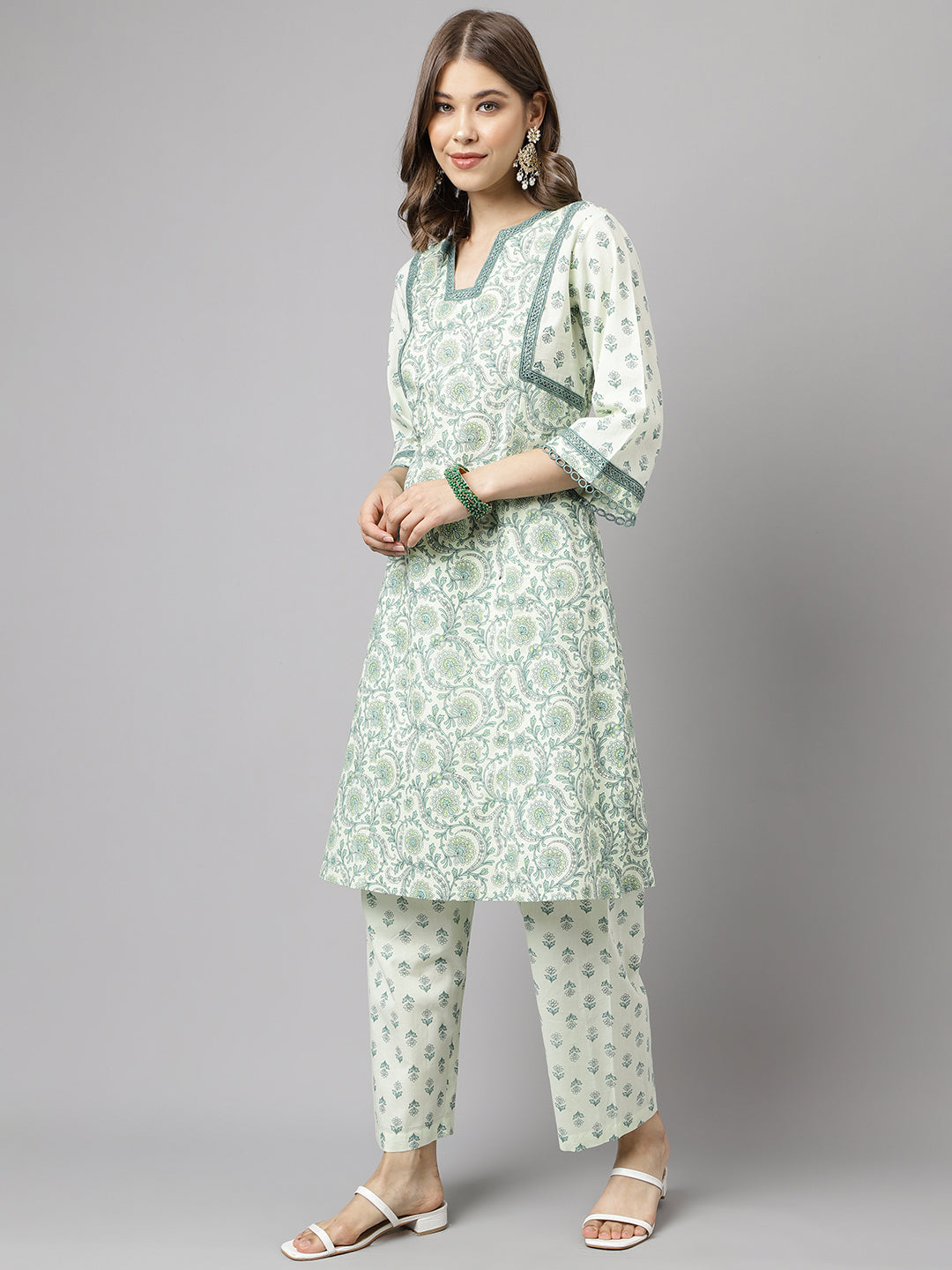 Women's Mint Green Pure Cotton A-line Kurta with Pant