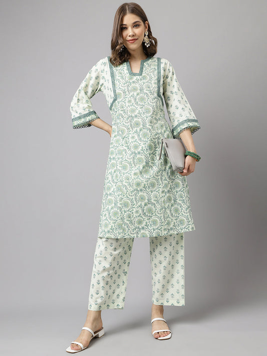 Women's Mint Green Pure Cotton A-line Kurta with Pant