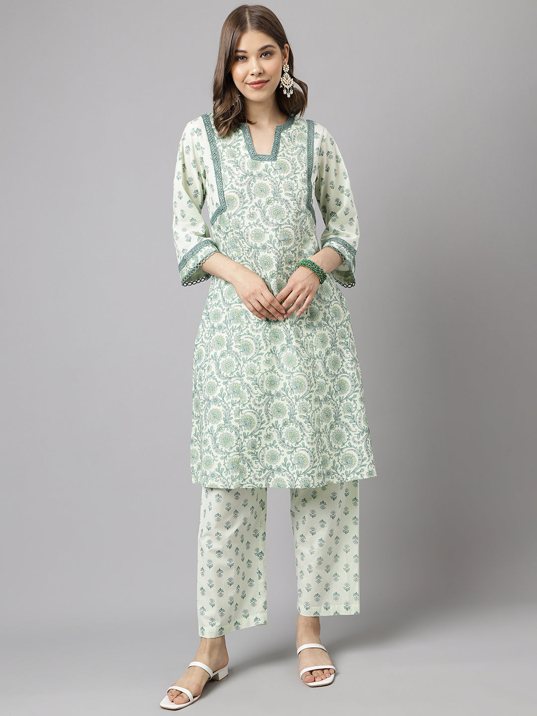 Women's Mint Green Pure Cotton A-line Kurta with Pant