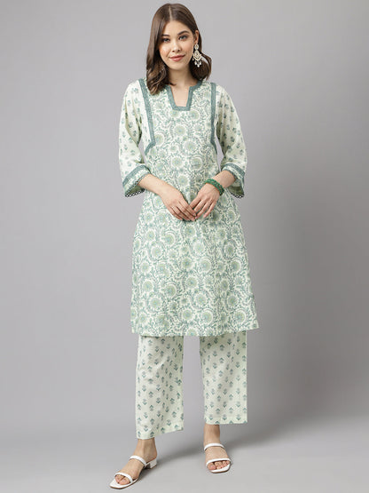 Women's Mint Green Pure Cotton A-line Kurta with Pant