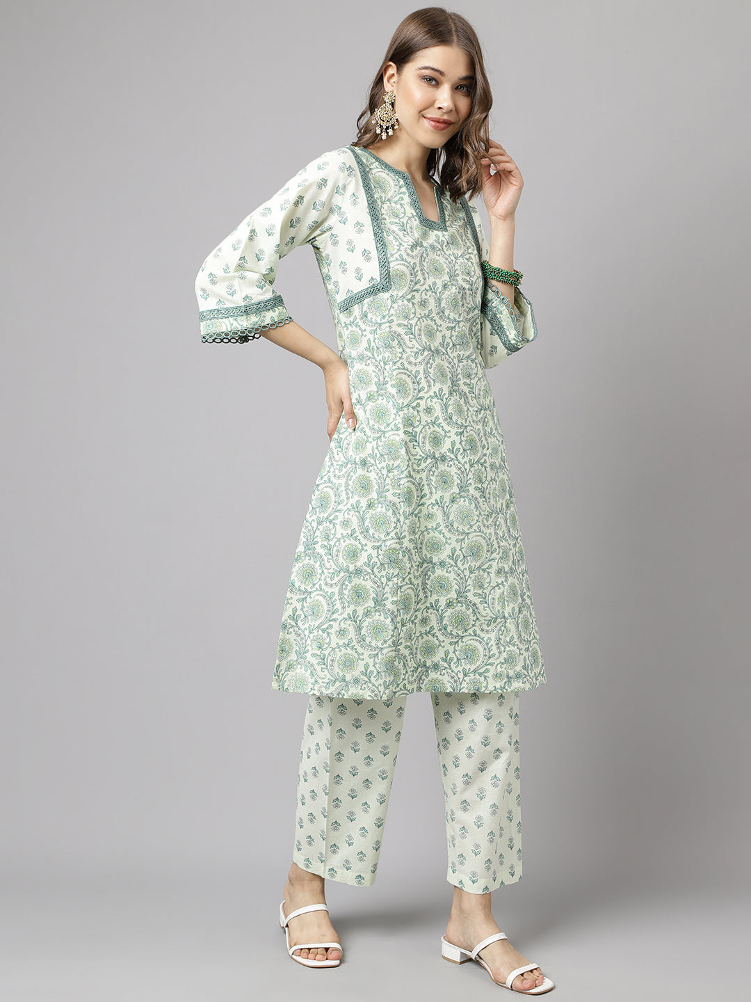 Women's Mint Green Pure Cotton A-line Kurta with Pant