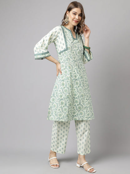 Women's Mint Green Pure Cotton A-line Kurta with Pant