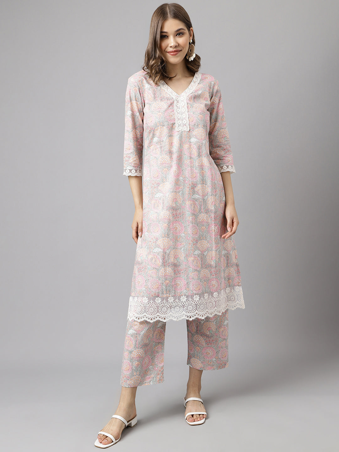 Women's Pink Cotton A-line Kurta with Pant