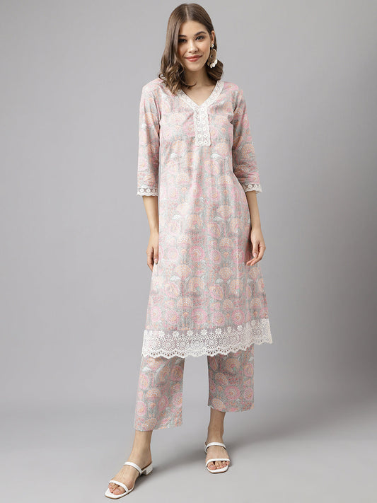 Women's Pink Cotton A-line Kurta with Pant