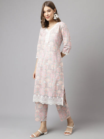 Women's Pink Cotton A-line Kurta with Pant