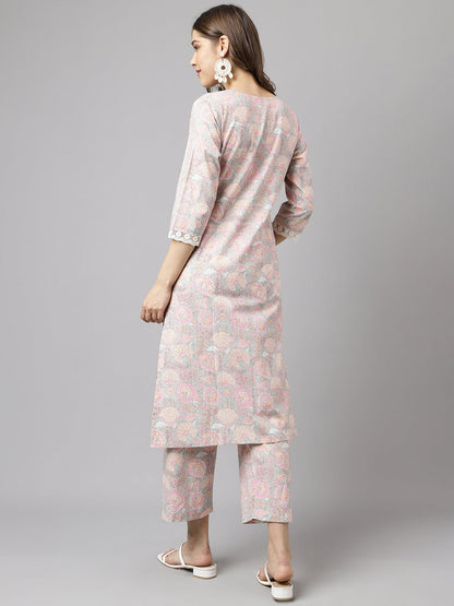 Women's Pink Cotton A-line Kurta with Pant