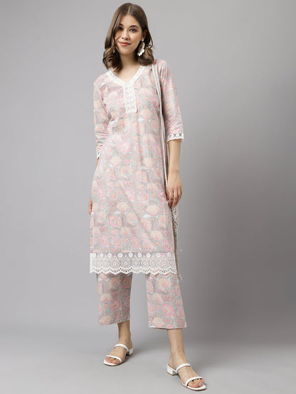 Women's Pink Cotton A-line Kurta with Pant