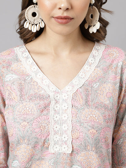 Women's Pink Cotton A-line Kurta with Pant